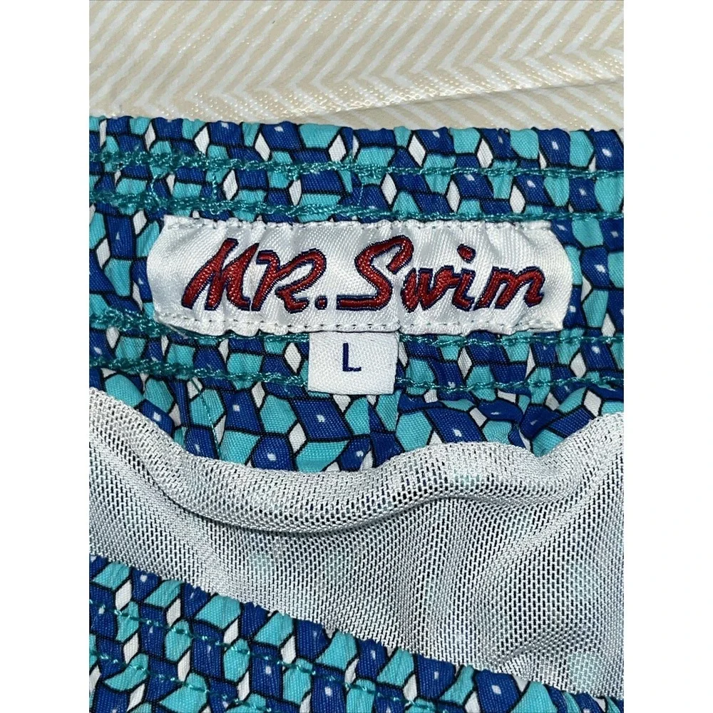 Mr. Swim Men's Large 100% Nylon Blue/Turquoise 3D Boxes Swim Beach Board Shorts